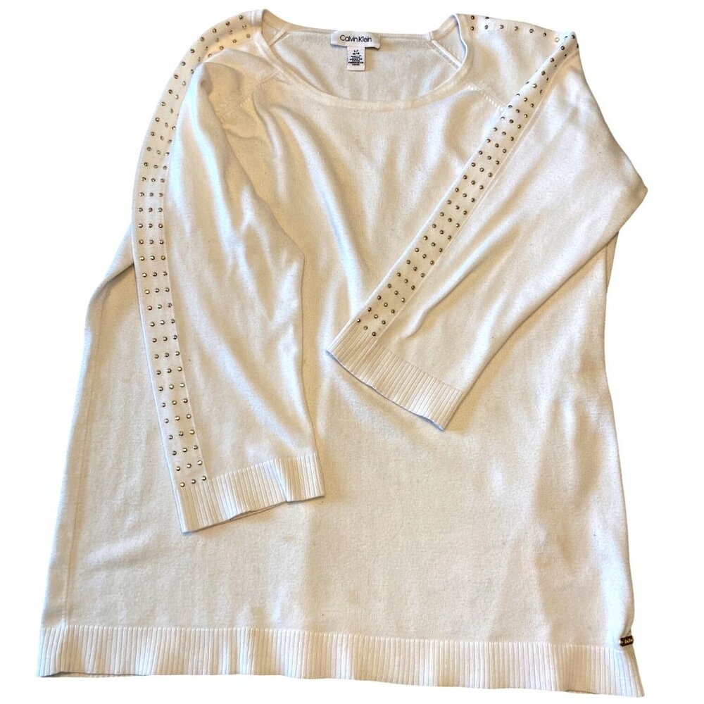 Calvin Klein Womens Ivory Studded Long-Sleeve Sweater L Cotton/Viscose Ribbed He
